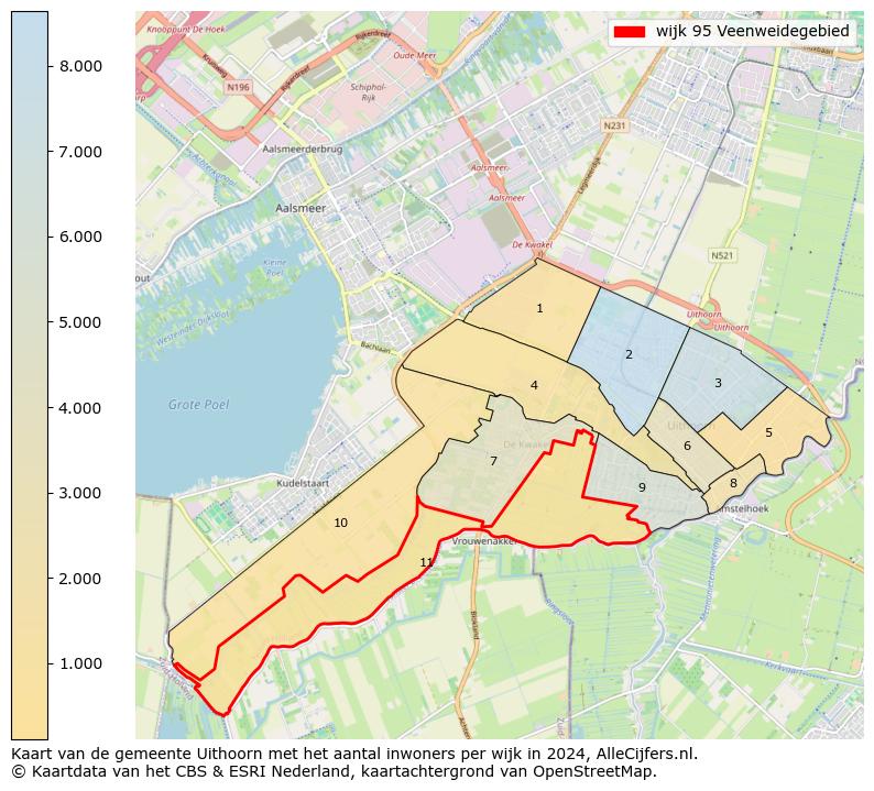 Kaart van de gemeente Uithoorn met het aantal inwoners per wijk in 2024. Op deze pagina vind je veel informatie over inwoners (zoals de verdeling naar leeftijdsgroepen, gezinssamenstelling, geslacht, autochtoon of Nederlands met een immigratie achtergrond,...), woningen (aantallen, types, prijs ontwikkeling, gebruik, type eigendom,...) en méér (autobezit, energieverbruik,...)  op basis van open data van het centraal bureau voor de statistiek en diverse andere bronnen!