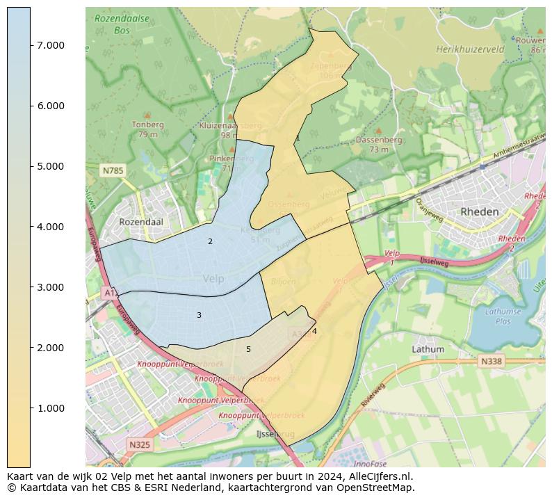 Kaart van de wijk 02 Velp met het aantal inwoners per buurt in 2024. Op deze pagina vind je veel informatie over inwoners (zoals de verdeling naar leeftijdsgroepen, gezinssamenstelling, geslacht, autochtoon of Nederlands met een immigratie achtergrond,...), woningen (aantallen, types, prijs ontwikkeling, gebruik, type eigendom,...) en méér (autobezit, energieverbruik,...)  op basis van open data van het centraal bureau voor de statistiek en diverse andere bronnen!