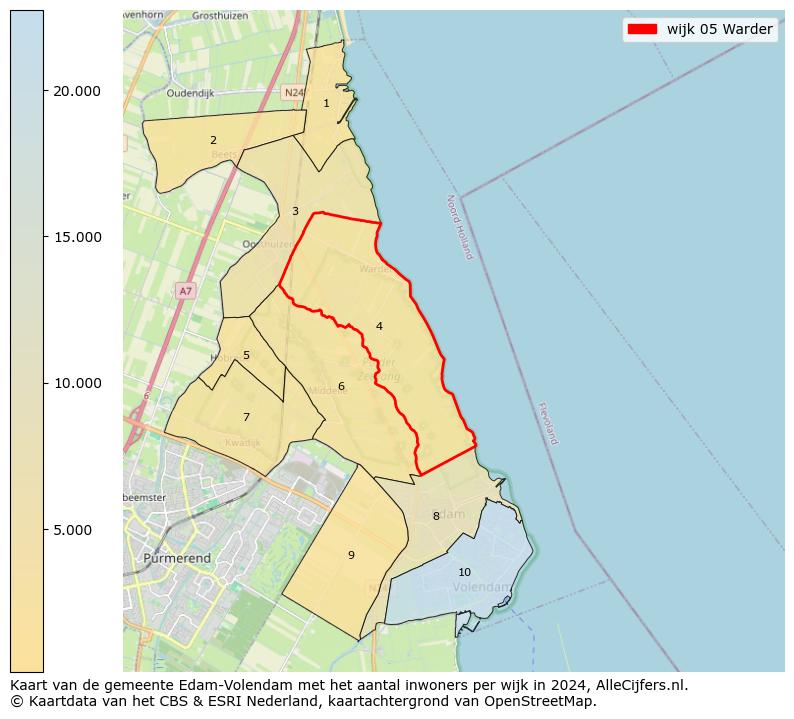 Kaart van de gemeente Edam-Volendam met het aantal inwoners per wijk in 2024. Op deze pagina vind je veel informatie over inwoners (zoals de verdeling naar leeftijdsgroepen, gezinssamenstelling, geslacht, autochtoon of Nederlands met een immigratie achtergrond,...), woningen (aantallen, types, prijs ontwikkeling, gebruik, type eigendom,...) en méér (autobezit, energieverbruik,...)  op basis van open data van het centraal bureau voor de statistiek en diverse andere bronnen!