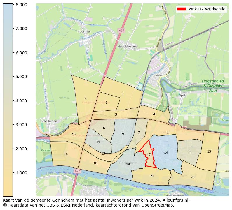 Kaart van de gemeente Gorinchem met het aantal inwoners per wijk in 2024. Op deze pagina vind je veel informatie over inwoners (zoals de verdeling naar leeftijdsgroepen, gezinssamenstelling, geslacht, autochtoon of Nederlands met een immigratie achtergrond,...), woningen (aantallen, types, prijs ontwikkeling, gebruik, type eigendom,...) en méér (autobezit, energieverbruik,...)  op basis van open data van het centraal bureau voor de statistiek en diverse andere bronnen!