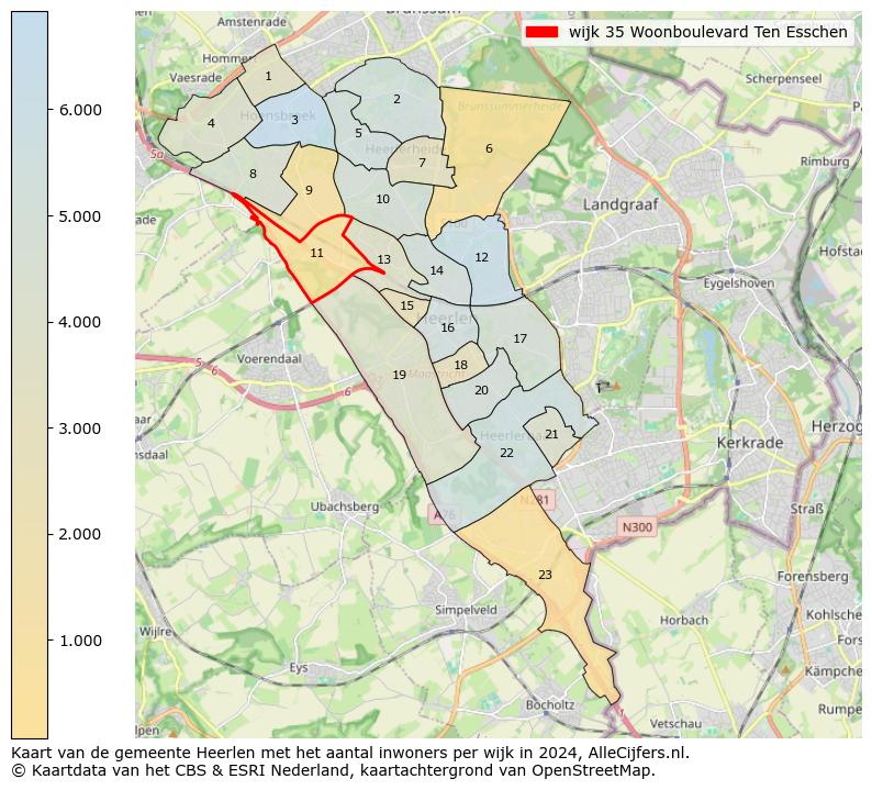 Kaart van de gemeente Heerlen met het aantal inwoners per wijk in 2024. Op deze pagina vind je veel informatie over inwoners (zoals de verdeling naar leeftijdsgroepen, gezinssamenstelling, geslacht, autochtoon of Nederlands met een immigratie achtergrond,...), woningen (aantallen, types, prijs ontwikkeling, gebruik, type eigendom,...) en méér (autobezit, energieverbruik,...)  op basis van open data van het Centraal Bureau voor de Statistiek en diverse andere bronnen!