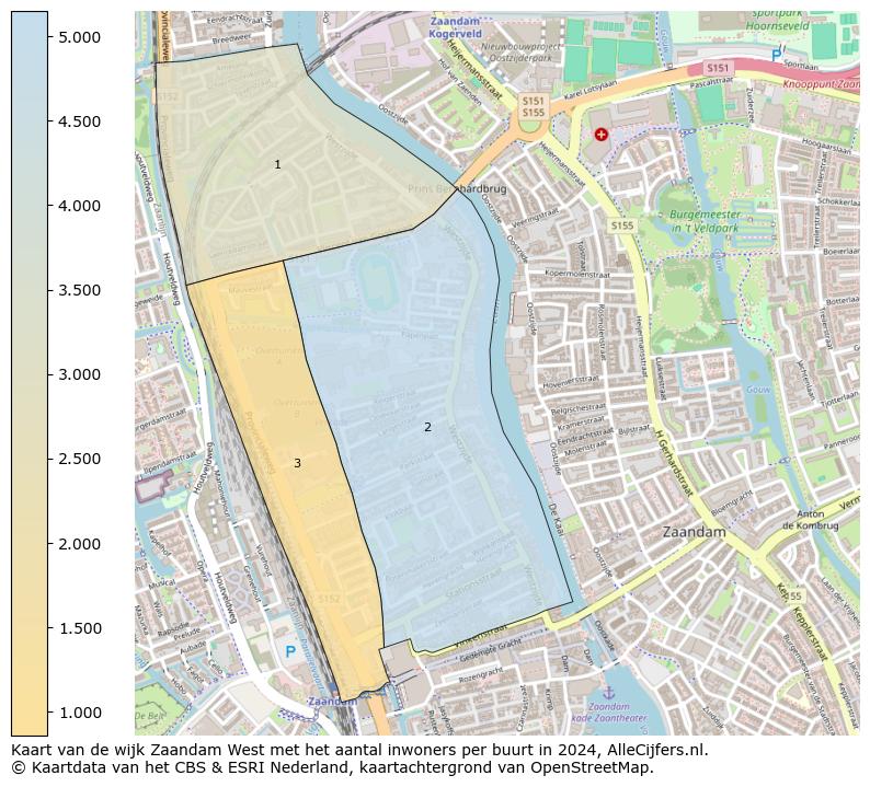 Kaart van de wijk Zaandam West met het aantal inwoners per buurt in 2024. Op deze pagina vind je veel informatie over inwoners (zoals de verdeling naar leeftijdsgroepen, gezinssamenstelling, geslacht, autochtoon of Nederlands met een immigratie achtergrond,...), woningen (aantallen, types, prijs ontwikkeling, gebruik, type eigendom,...) en méér (autobezit, energieverbruik,...)  op basis van open data van het centraal bureau voor de statistiek en diverse andere bronnen!