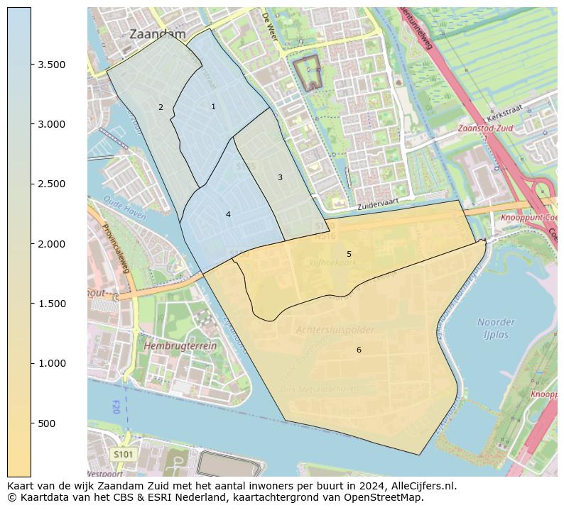 Kaart van de wijk Zaandam Zuid met het aantal inwoners per buurt in 2024. Op deze pagina vind je veel informatie over inwoners (zoals de verdeling naar leeftijdsgroepen, gezinssamenstelling, geslacht, autochtoon of Nederlands met een immigratie achtergrond,...), woningen (aantallen, types, prijs ontwikkeling, gebruik, type eigendom,...) en méér (autobezit, energieverbruik,...)  op basis van open data van het centraal bureau voor de statistiek en diverse andere bronnen!