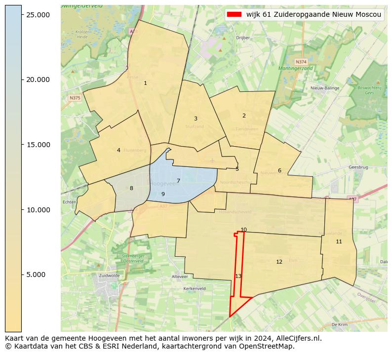 Kaart van de gemeente Hoogeveen met het aantal inwoners per wijk in 2024. Op deze pagina vind je veel informatie over inwoners (zoals de verdeling naar leeftijdsgroepen, gezinssamenstelling, geslacht, autochtoon of Nederlands met een immigratie achtergrond,...), woningen (aantallen, types, prijs ontwikkeling, gebruik, type eigendom,...) en méér (autobezit, energieverbruik,...)  op basis van open data van het Centraal Bureau voor de Statistiek en diverse andere bronnen!