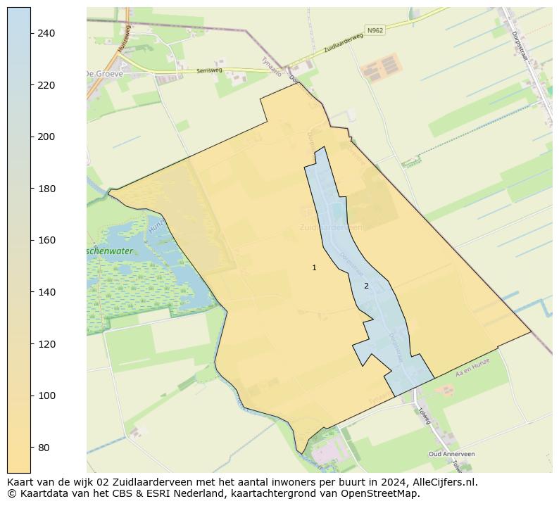 Kaart van de wijk 02 Zuidlaarderveen met het aantal inwoners per buurt in 2024. Op deze pagina vind je veel informatie over inwoners (zoals de verdeling naar leeftijdsgroepen, gezinssamenstelling, geslacht, autochtoon of Nederlands met een immigratie achtergrond,...), woningen (aantallen, types, prijs ontwikkeling, gebruik, type eigendom,...) en méér (autobezit, energieverbruik,...)  op basis van open data van het centraal bureau voor de statistiek en diverse andere bronnen!