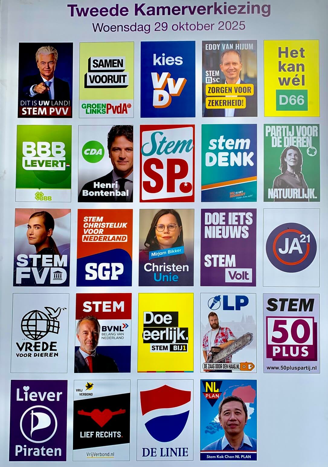 Afbeelding van de affiches van een aantal politieke partijen voor de verkiezingen voor de Tweede Kamer van 29 oktober 2025.