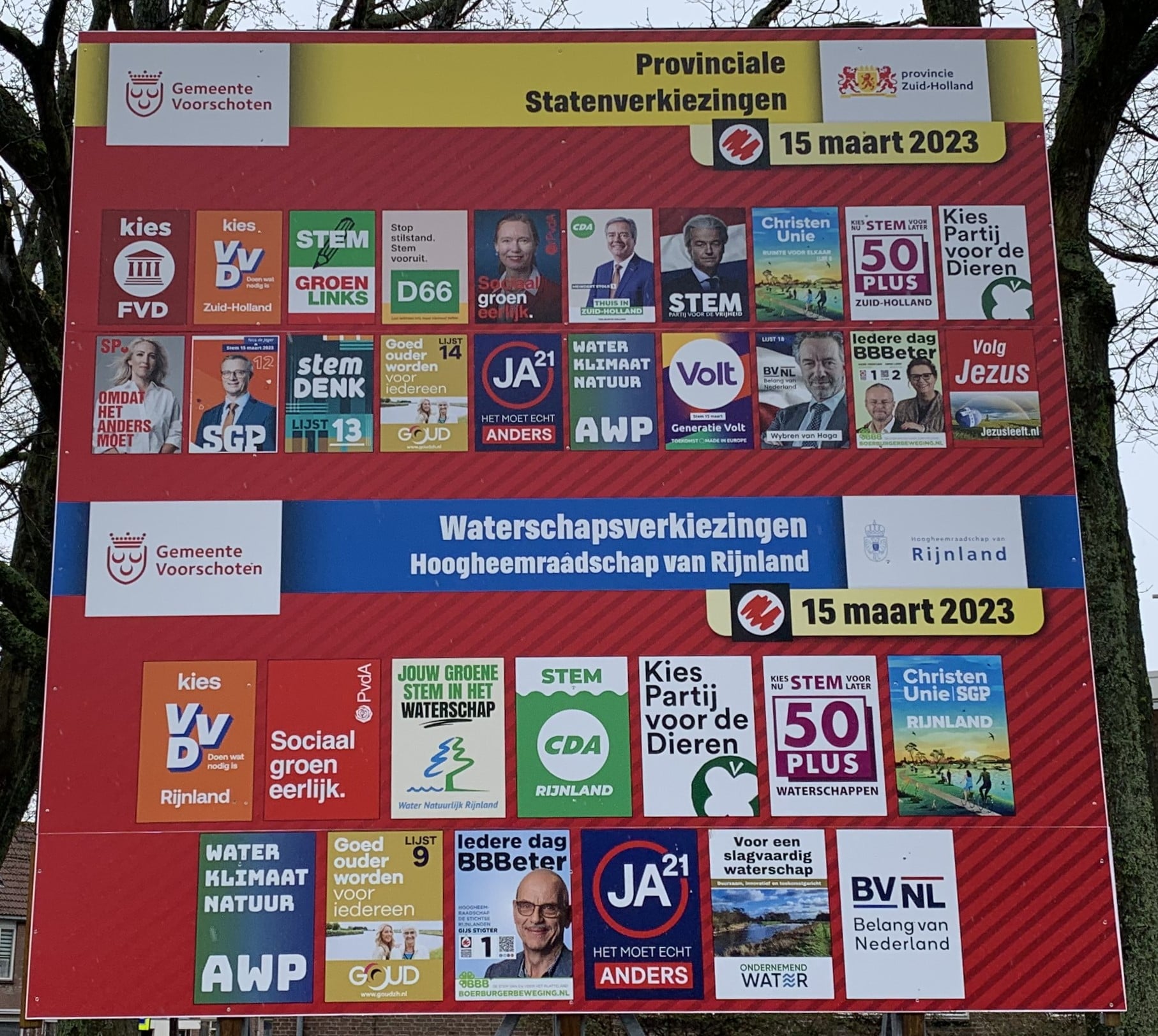 Afbeelding van de affiches van een aantal politieke partijen voor de verkiezingen voor de Provinciale Staten van 15 maart 2023.
