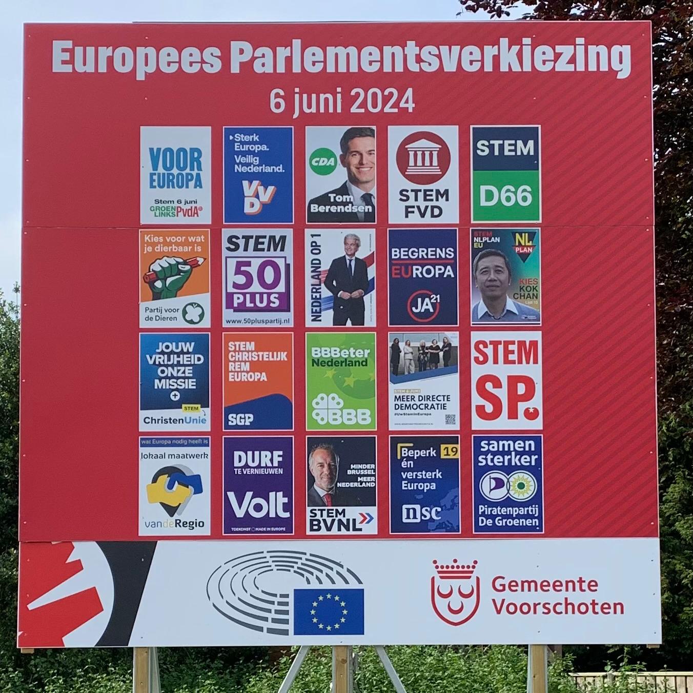 Afbeelding van de affiches van een aantal politieke partijen voor de verkiezingen voor het Europees Parlement van 6 juni 2024.