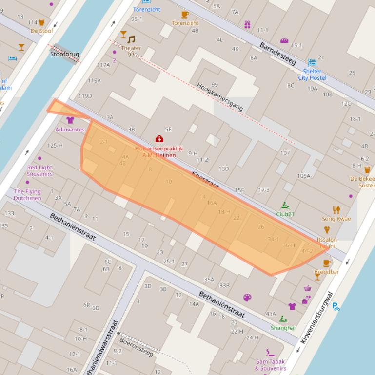 Kaart van postcodegebied 1012BX.