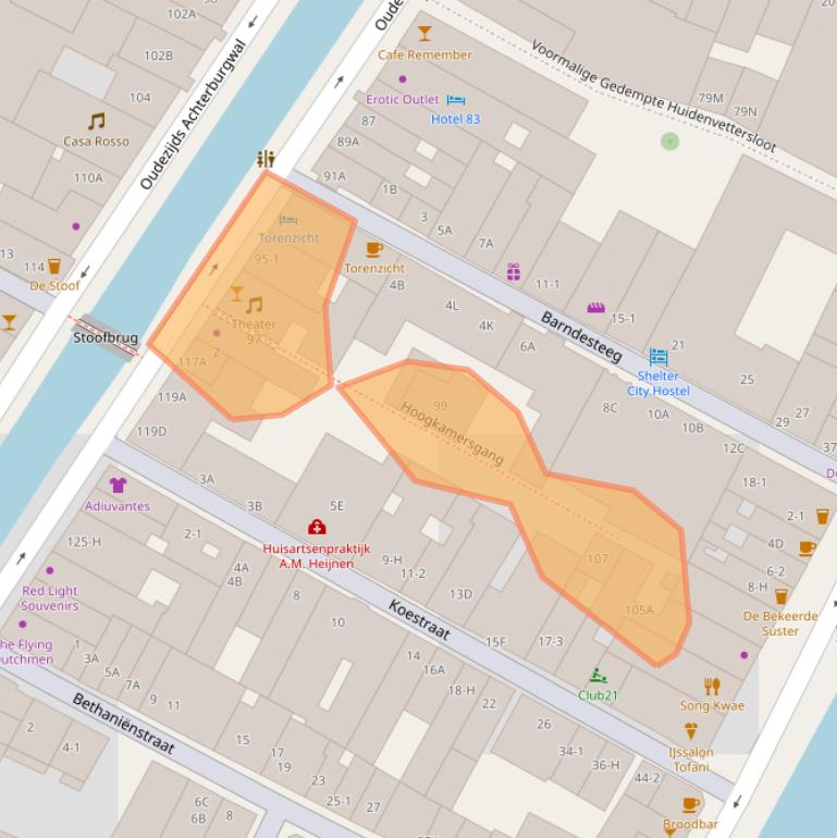 Kaart van postcodegebied 1012DD.