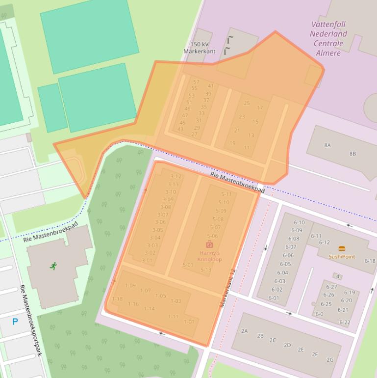 Kaart van postcodegebied 1314AJ.