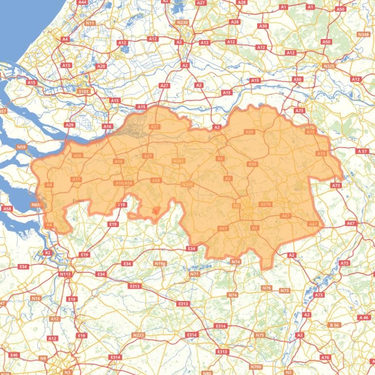 Kaart van de provincie Noord-Brabant.