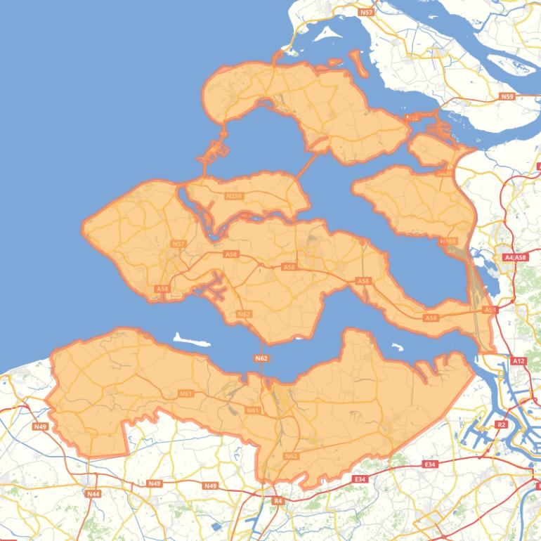 Kaart van de provincie Zeeland.