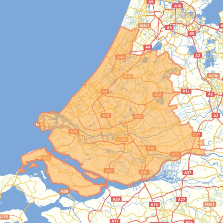 Kaart van de provincie Zuid-Holland.