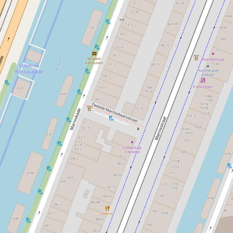 Kaart van  Tweede Marnixdwarsstraat.