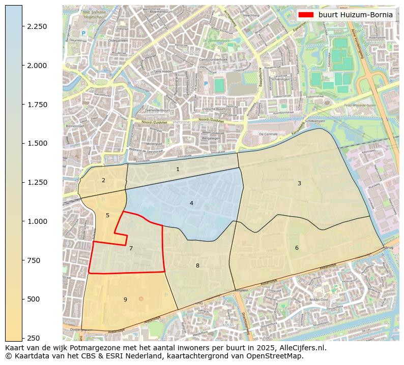 Afbeelding van de buurt Huizum-Bornia op de kaart.