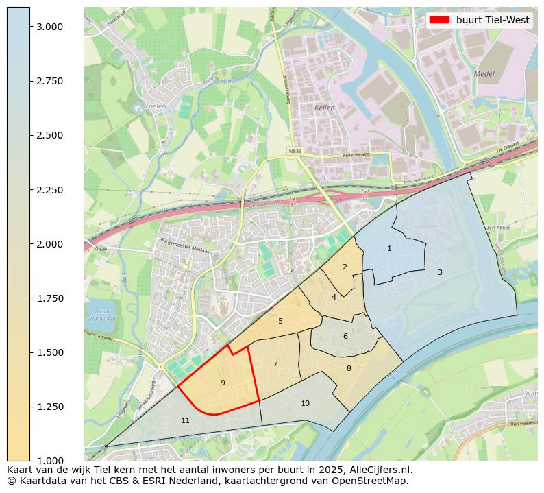Afbeelding van de buurt Tiel-West op de kaart.