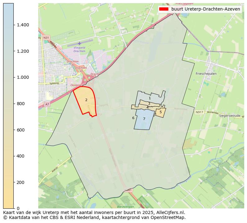 Afbeelding van de buurt Ureterp-Drachten-Azeven op de kaart.