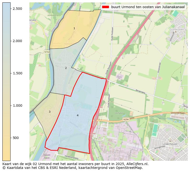 Afbeelding van de buurt Urmond ten oosten van Julianakanaal op de kaart.