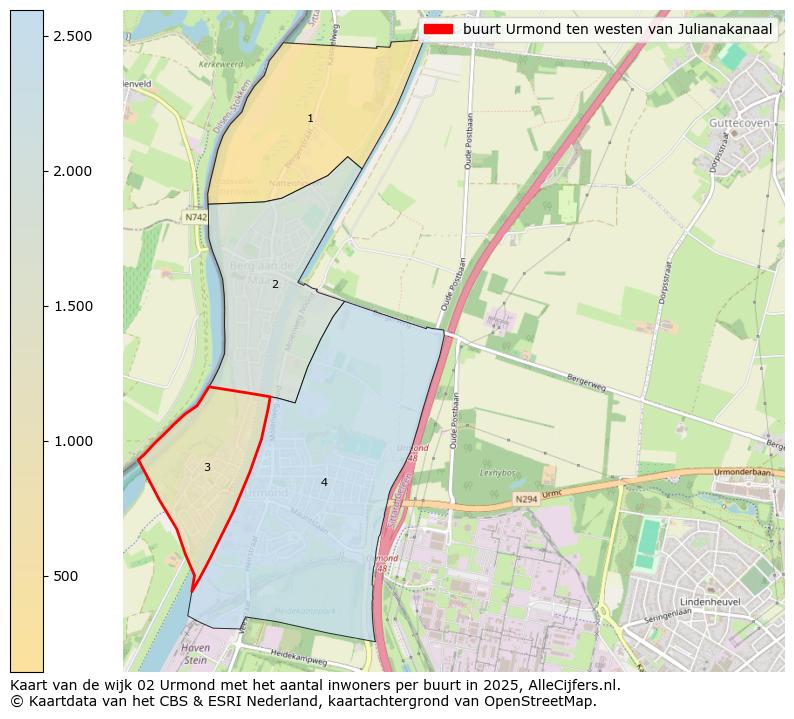Afbeelding van de buurt Urmond ten westen van Julianakanaal op de kaart.