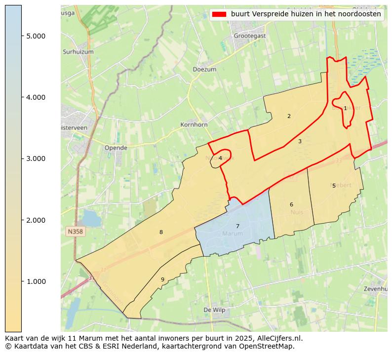 Afbeelding van de buurt Verspreide huizen in het noordoosten op de kaart.