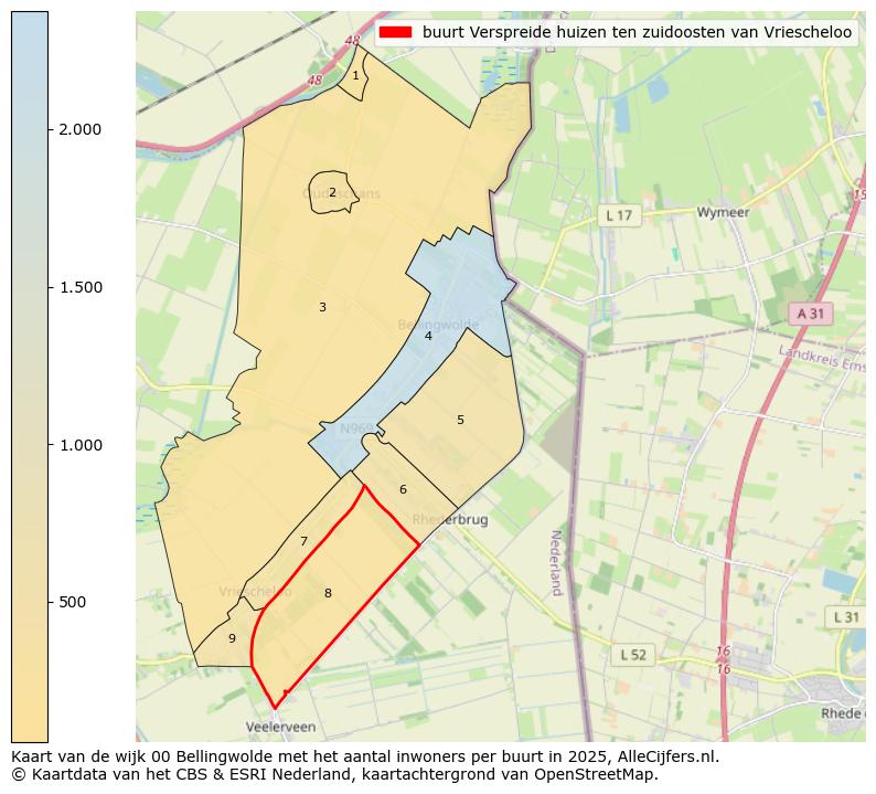 Afbeelding van de buurt Verspreide huizen ten zuidoosten van Vriescheloo op de kaart.