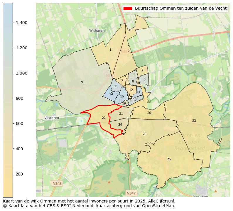Afbeelding van de Buurtschap Ommen ten zuiden van de Vecht op de kaart.