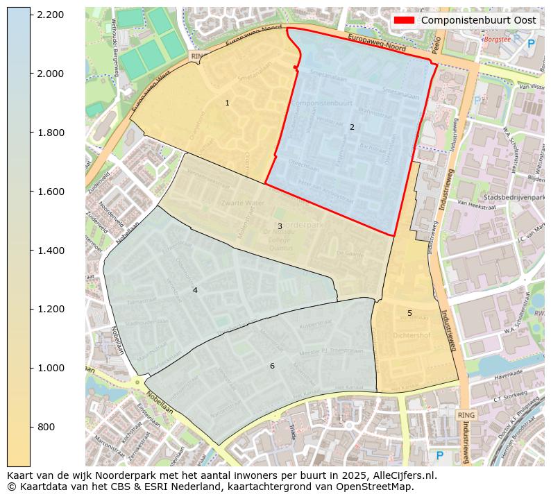 Afbeelding van de Componistenbuurt Oost op de kaart.
