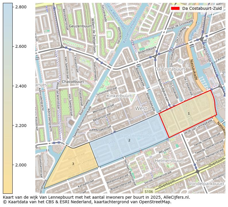 Afbeelding van de Da Costabuurt-Zuid op de kaart.