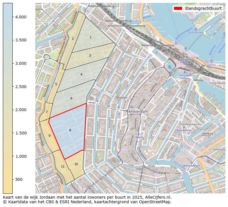 Afbeelding van de Elandsgrachtbuurt op de kaart.