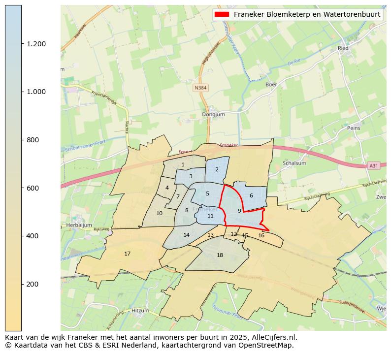 Afbeelding van de Franeker Bloemketerp en Watertorenbuurt op de kaart.
