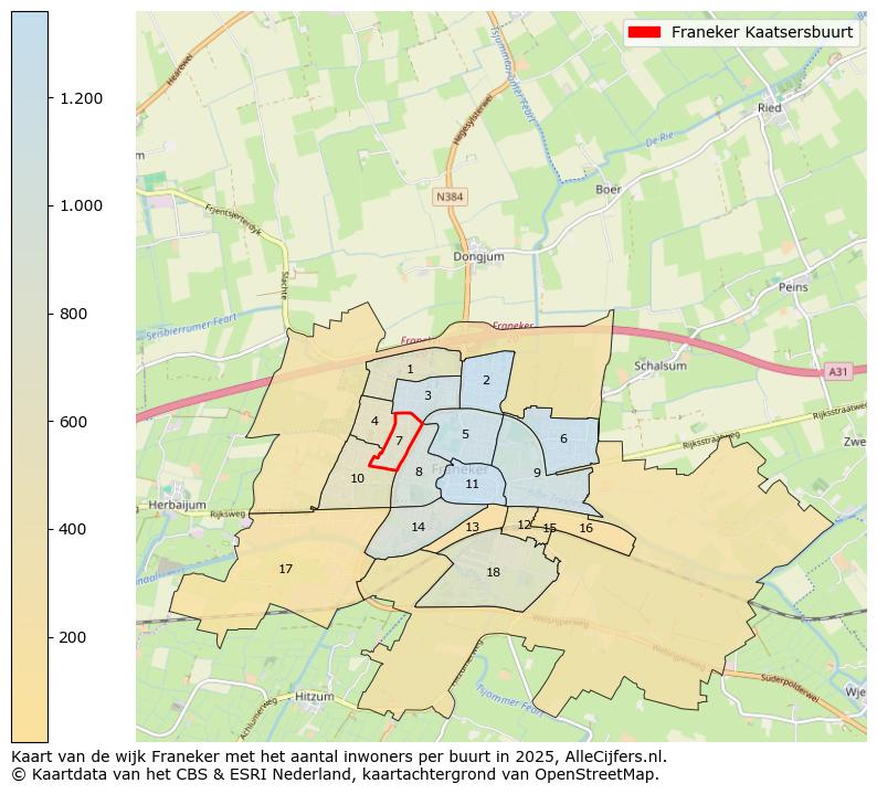Afbeelding van de Franeker Kaatsersbuurt op de kaart.
