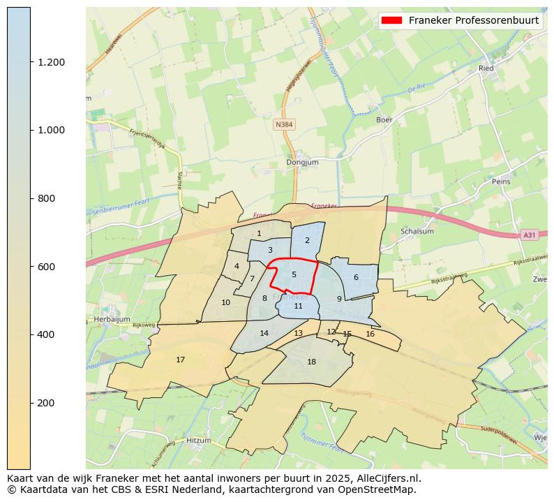 Afbeelding van de Franeker Professorenbuurt op de kaart.