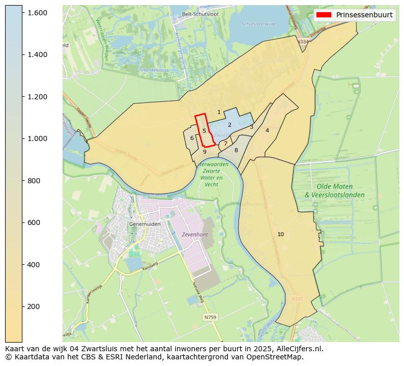 Afbeelding van de Prinsessenbuurt op de kaart.