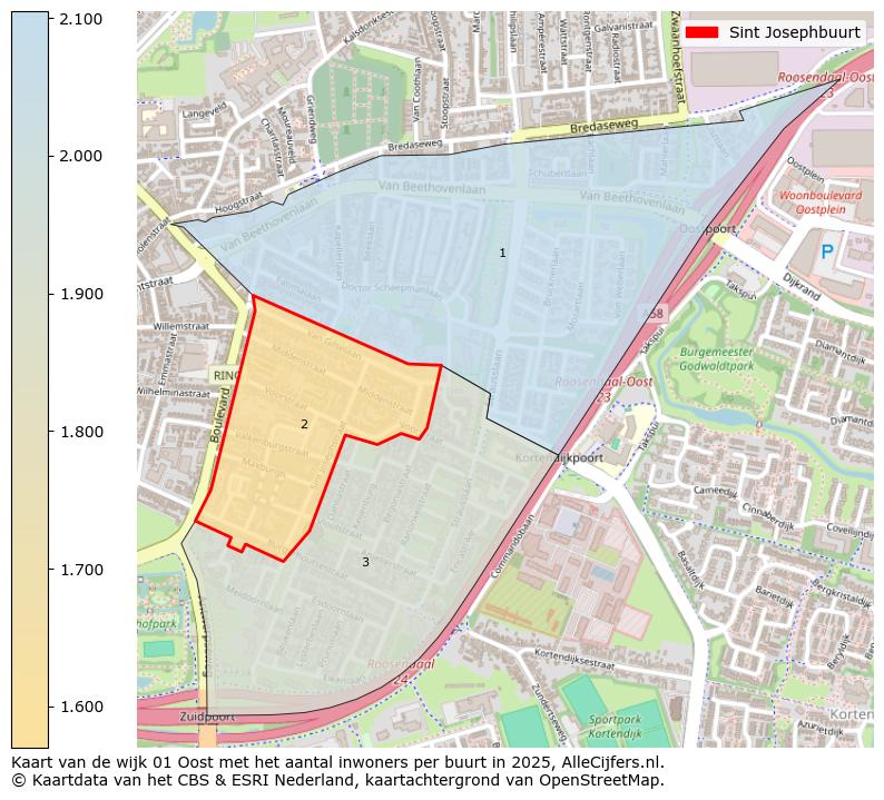 Afbeelding van de Sint Josephbuurt op de kaart.