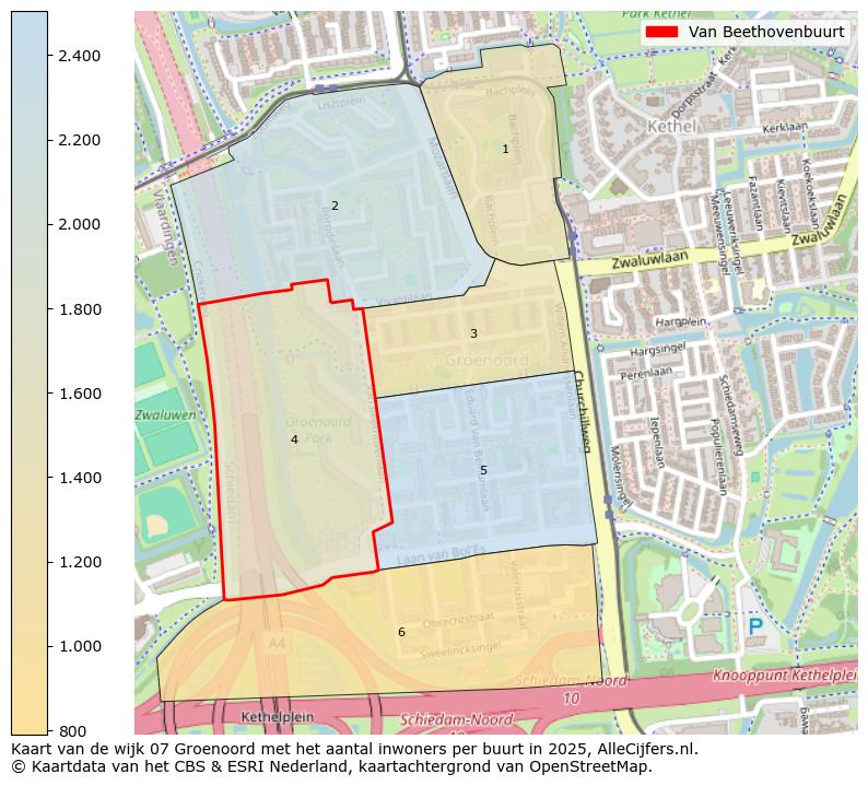 Afbeelding van de Van Beethovenbuurt op de kaart.
