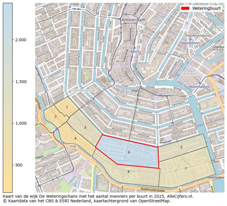 Afbeelding van de Weteringbuurt op de kaart.