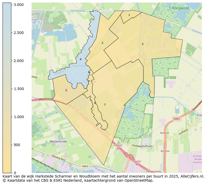 Afbeelding van de wijk Harkstede Scharmer en Woudbloem op de kaart.