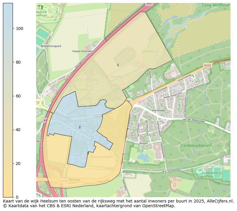 Afbeelding van de wijk Heelsum ten oosten van de rijksweg op de kaart.