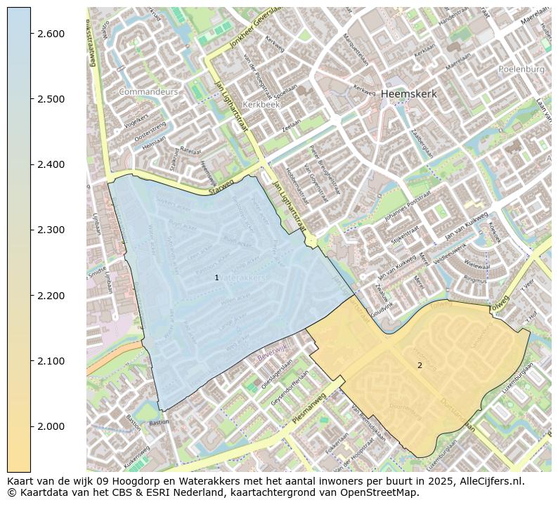 Afbeelding van de wijk Hoogdorp en Waterakkers op de kaart.
