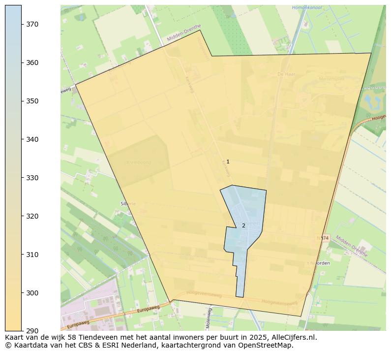 Afbeelding van de wijk Tiendeveen op de kaart.