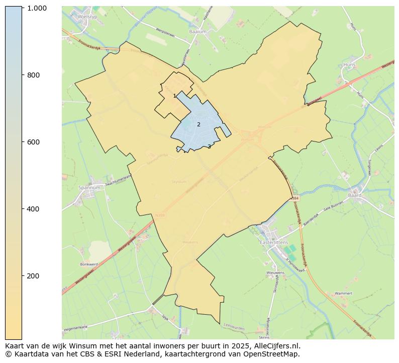 Afbeelding van de wijk Winsum op de kaart.