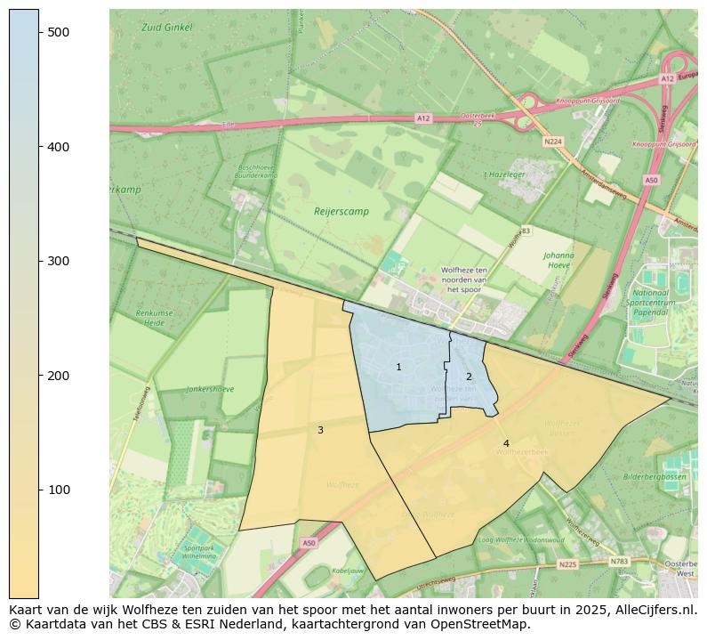 Afbeelding van de wijk Wolfheze ten zuiden van het spoor op de kaart.