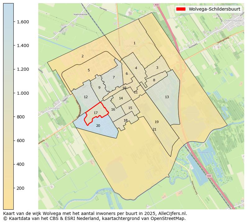 Afbeelding van de Wolvega-Schildersbuurt op de kaart.