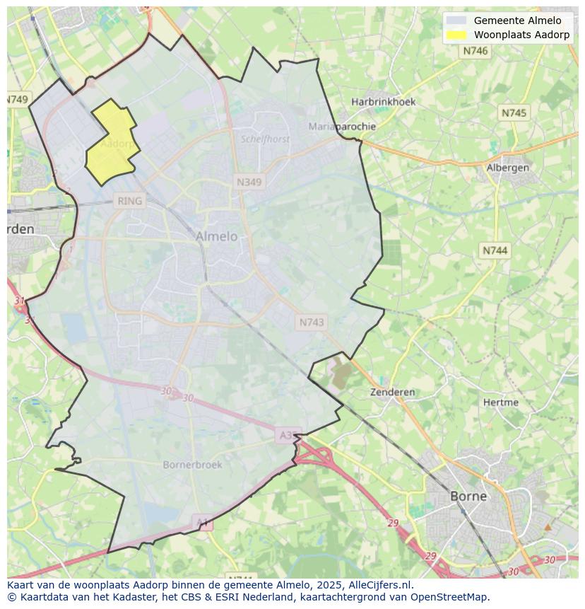 Afbeelding van de woonplaats Aadorp op de kaart.