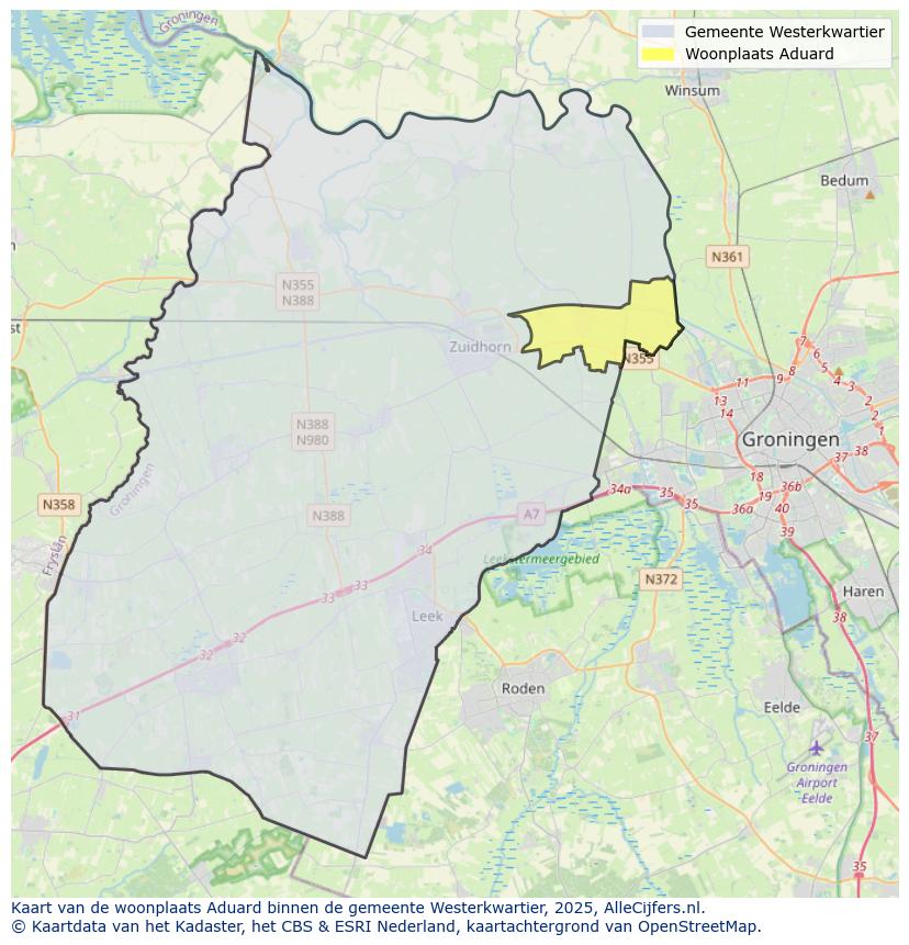 Afbeelding van de woonplaats Aduard op de kaart.