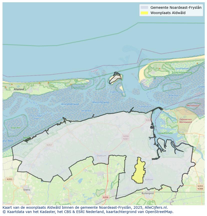 Afbeelding van de woonplaats Aldwâld op de kaart.