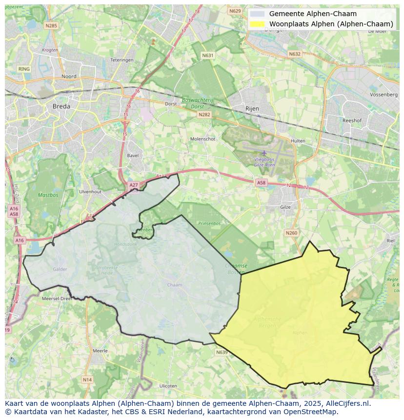 Afbeelding van de woonplaats Alphen op de kaart.