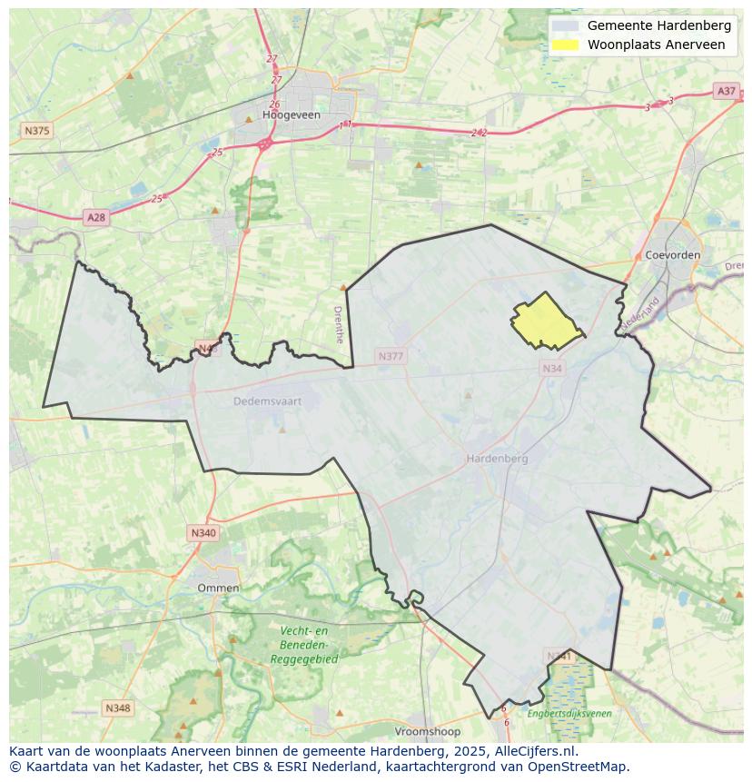 Afbeelding van de woonplaats Anerveen op de kaart.