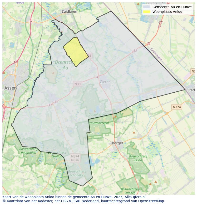Afbeelding van de woonplaats Anloo op de kaart.